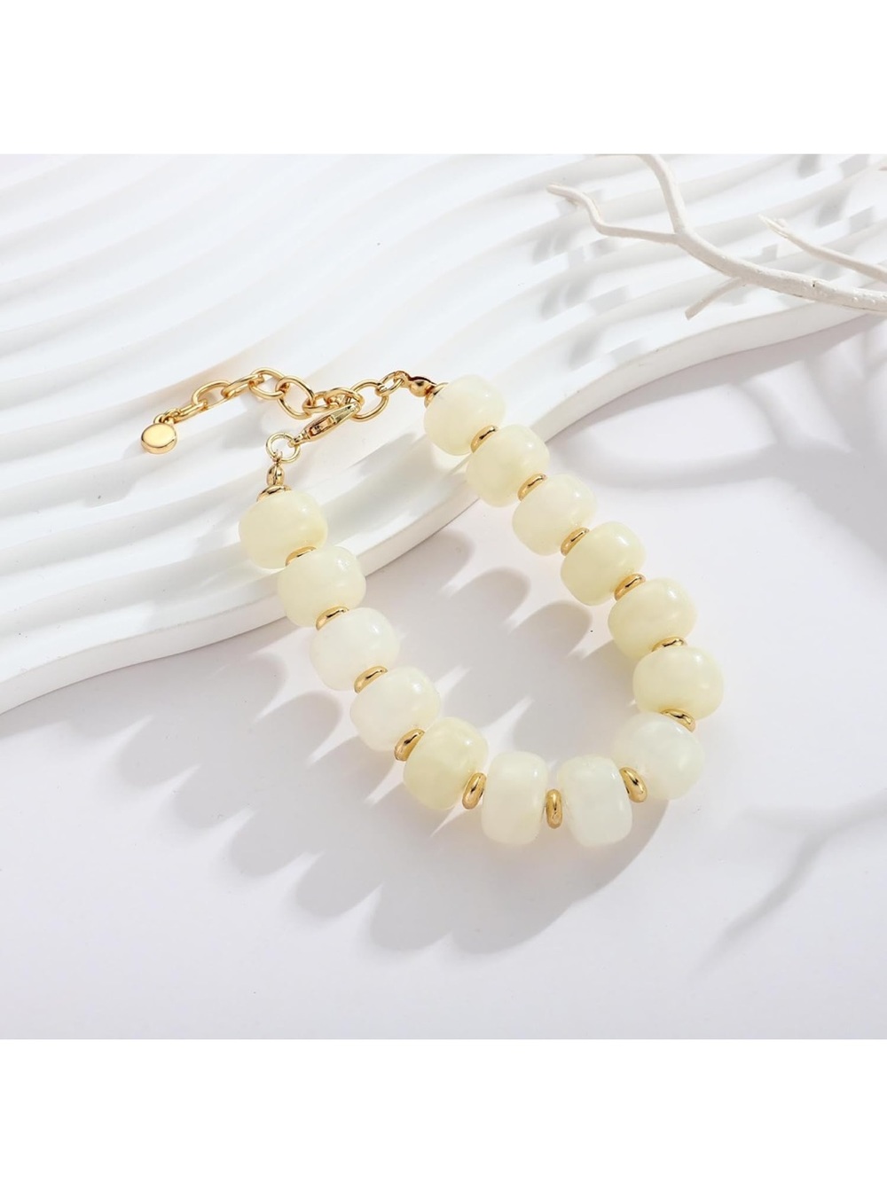 Amazon Cream Chunky Beaded Resin Bracelet with Gold Accents